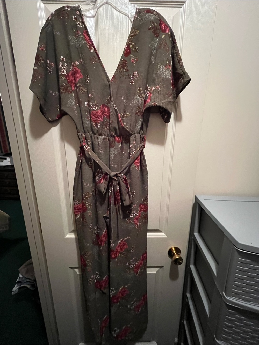 rue21 Green Pink Floral V-Neck Short Sleeve Belted Jumpsuit Size S